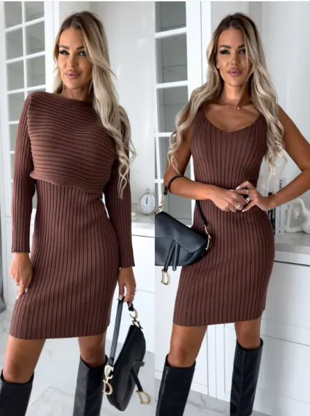 2pcs Women's Solid Stripe Long - sleeved Top And Tight Suspender Skirt - Musttbuy