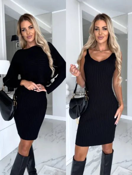 2pcs Women's Solid Stripe Long - sleeved Top And Tight Suspender Skirt - Musttbuy