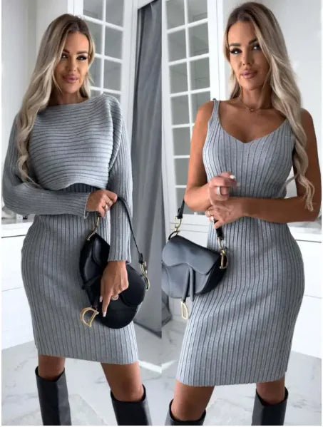 2pcs Women's Solid Stripe Long - sleeved Top And Tight Suspender Skirt - Musttbuy
