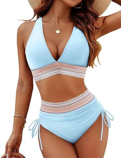 Bikini Set With Color Blocking Drawstring Swimsuit - Musttbuy