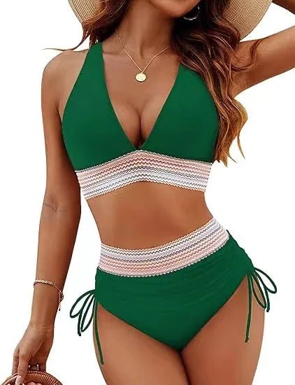 Bikini Set With Color Blocking Drawstring Swimsuit - Musttbuy