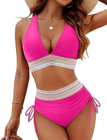 Bikini Set With Color Blocking Drawstring Swimsuit - Musttbuy