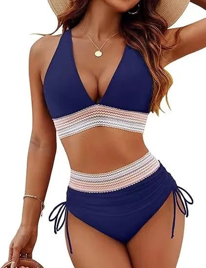 Bikini Set With Color Blocking Drawstring Swimsuit - Musttbuy