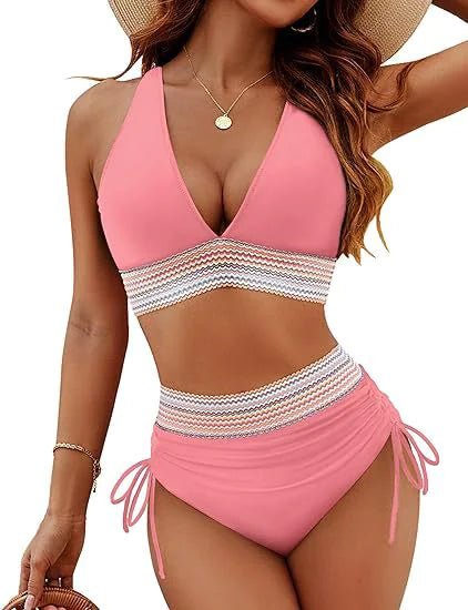 Bikini Set With Color Blocking Drawstring Swimsuit - Musttbuy