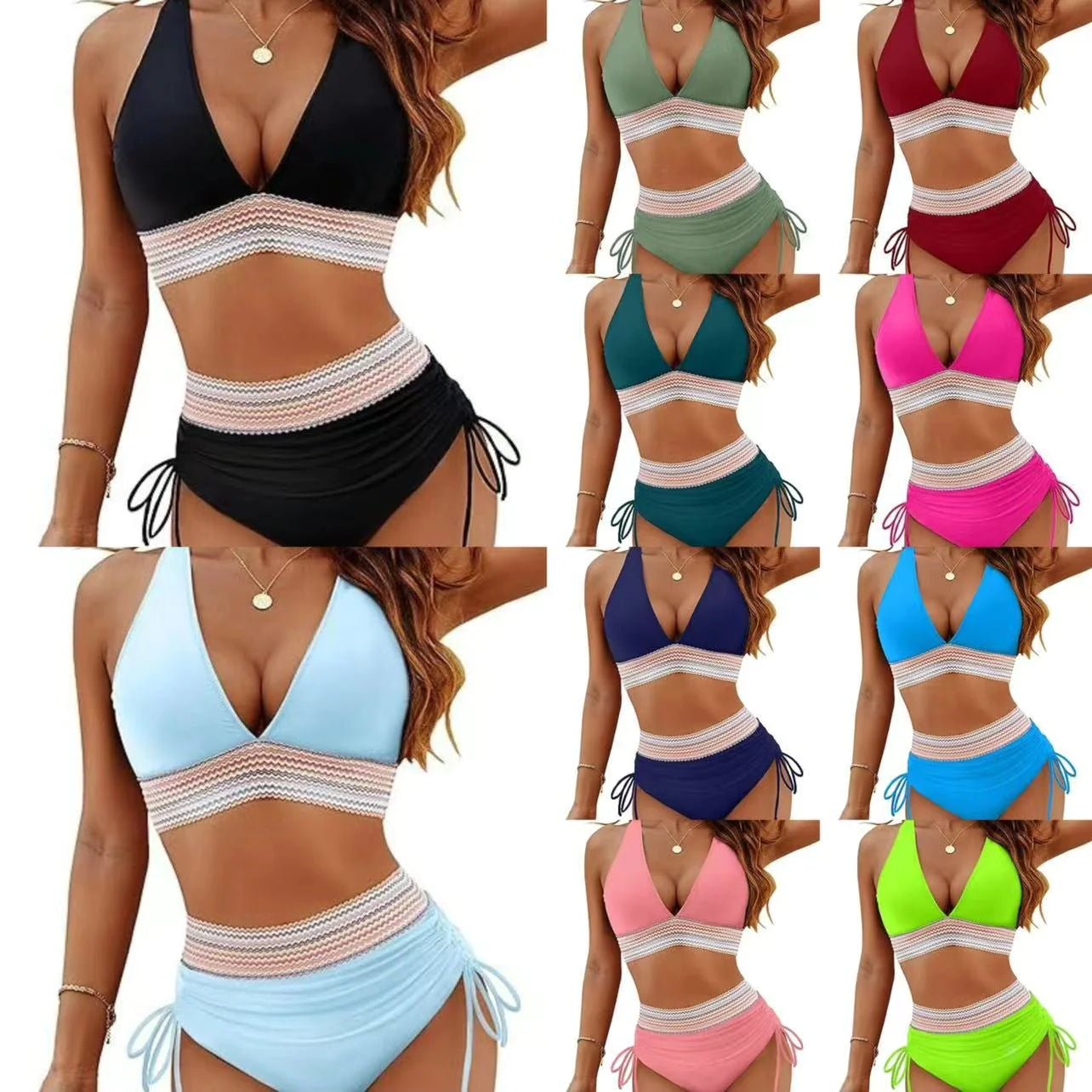 Bikini Set With Color Blocking Drawstring Swimsuit - Musttbuy