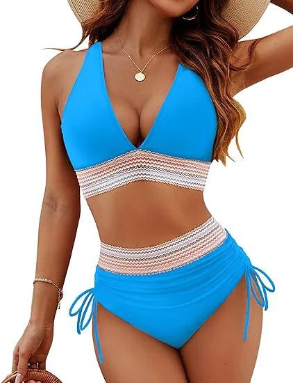 Bikini Set With Color Blocking Drawstring Swimsuit - Musttbuy
