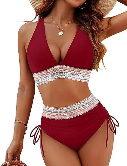 Bikini Set With Color Blocking Drawstring Swimsuit - Musttbuy