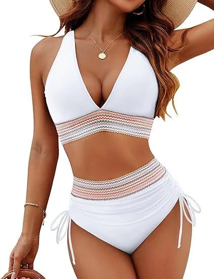 Bikini Set With Color Blocking Drawstring Swimsuit - Musttbuy