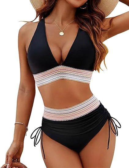 Bikini Set With Color Blocking Drawstring Swimsuit - Musttbuy