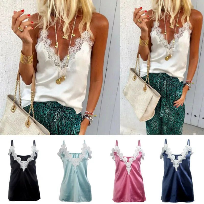 Lace Satin Silk Sequin Tank Top - Musttbuy