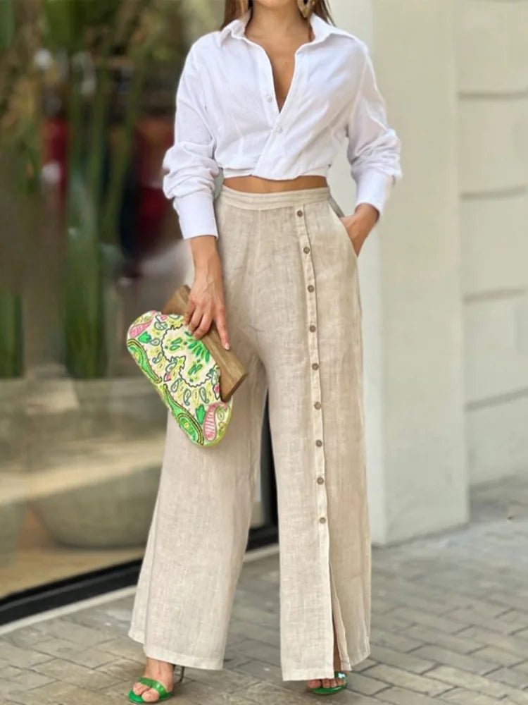 Long Sleeve Nipped Waist Top And Wide Legs Pants - Musttbuy