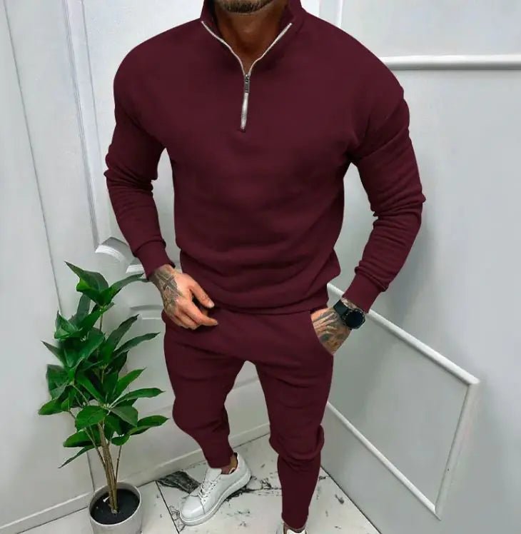 Men's Casual Fleece - lined Solid Color Top And Trousers Suit - Musttbuy