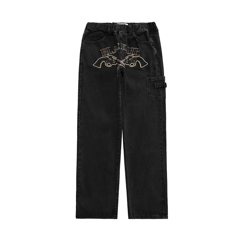 Men's Embroidered Denim Trousers with Western Revolver Design - Musttbuy