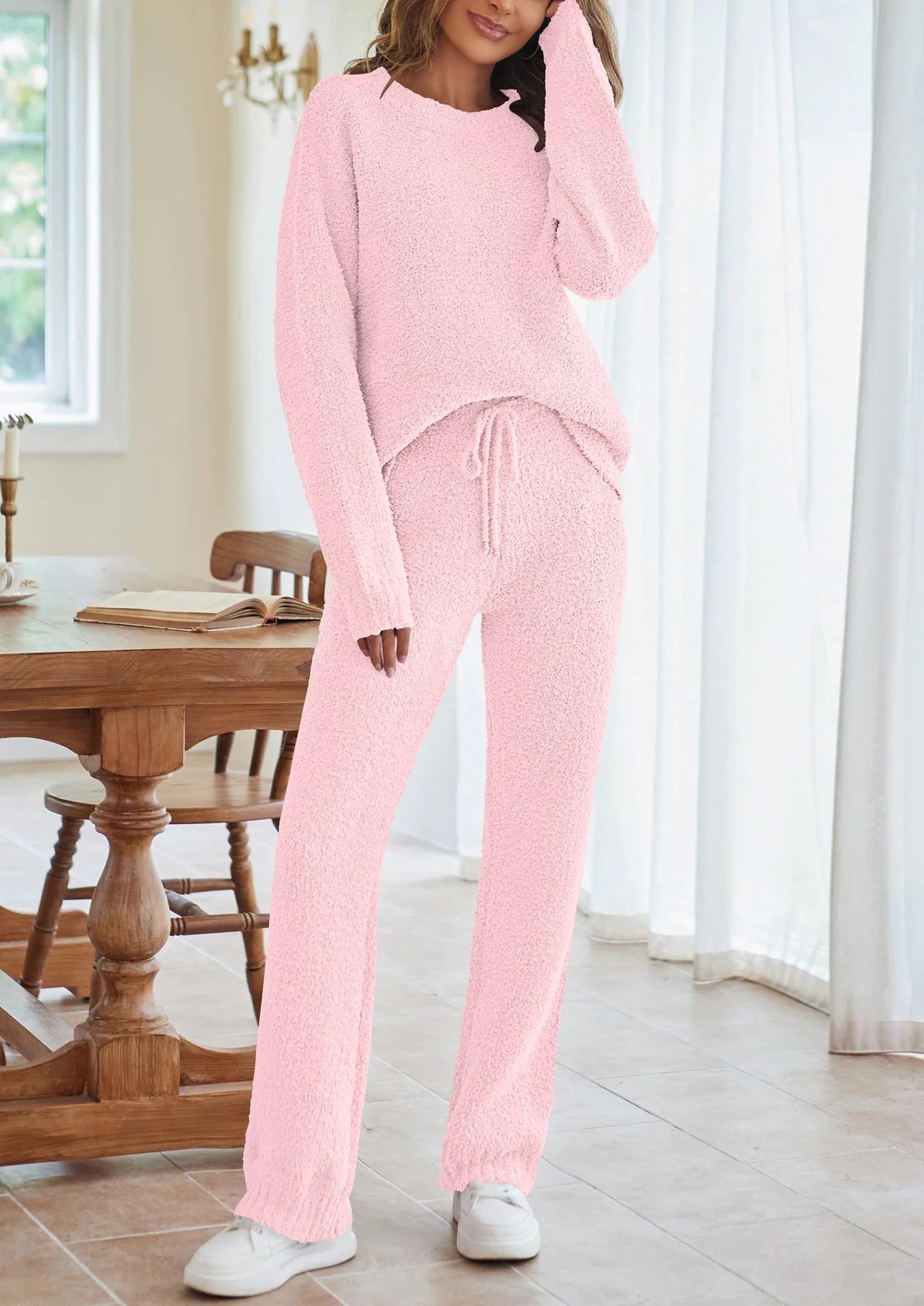Solid Color Women's Round Neck Long Sleeve Trousers Warm Suit - Musttbuy