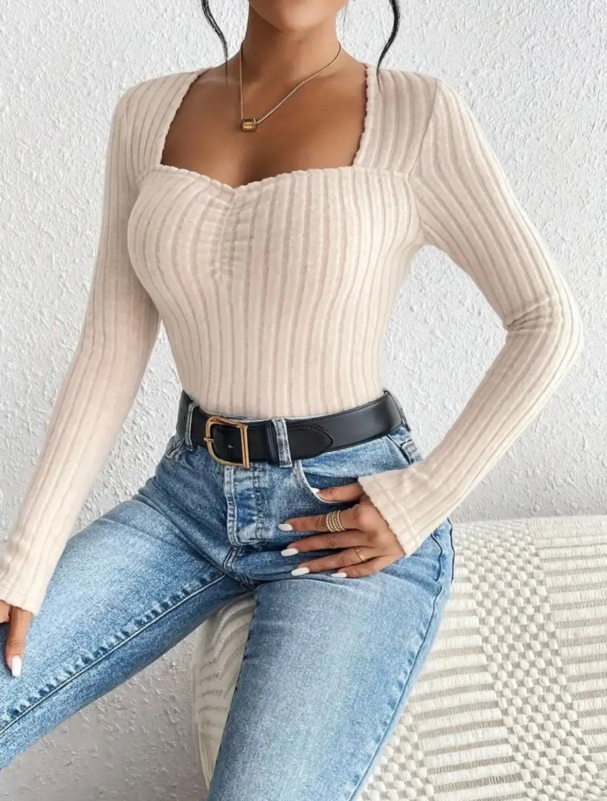 Solid Square Neck Ruched Beige Top - Musttbuy