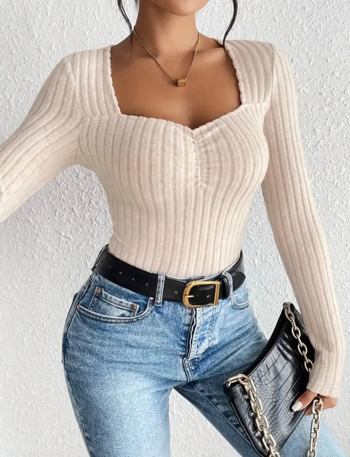 Solid Square Neck Ruched Beige Top - Musttbuy