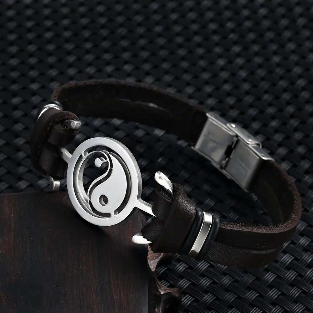 Stainless Steel Tai Chi Yin Yang Fish Leather Bracelet - Musttbuy