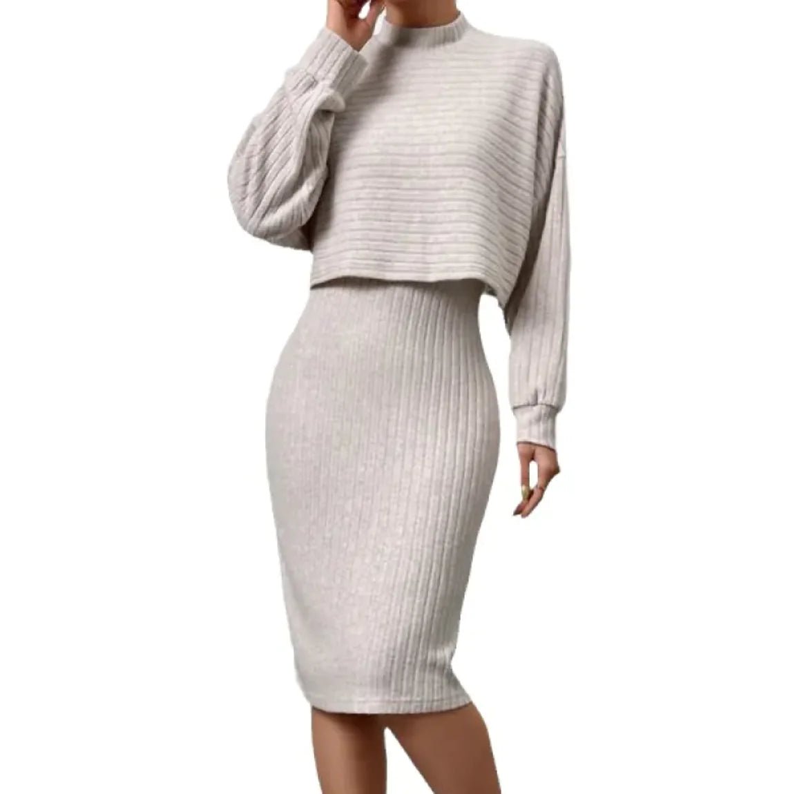 Sunken Stripe Long - Sleeve Top with Suspender Skirt - Musttbuy