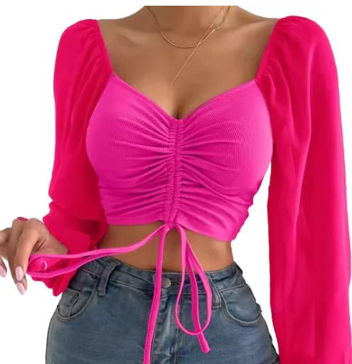 V - Neck Drawstring Crop Top with Balloon Sleeves – Stylish Streetwear - Musttbuy
