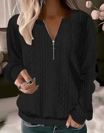 Women's V - Neck Long Sleeve Zipper Top - Musttbuy