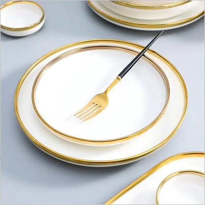 High-quality Matte Gilt Rim White Porcelain Dinner Tray Kitchen Plates Ceramic Tableware