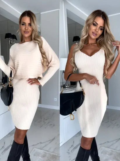 2pcs Women's Solid Stripe Long - sleeved Top And Tight Suspender Skirt - Musttbuy