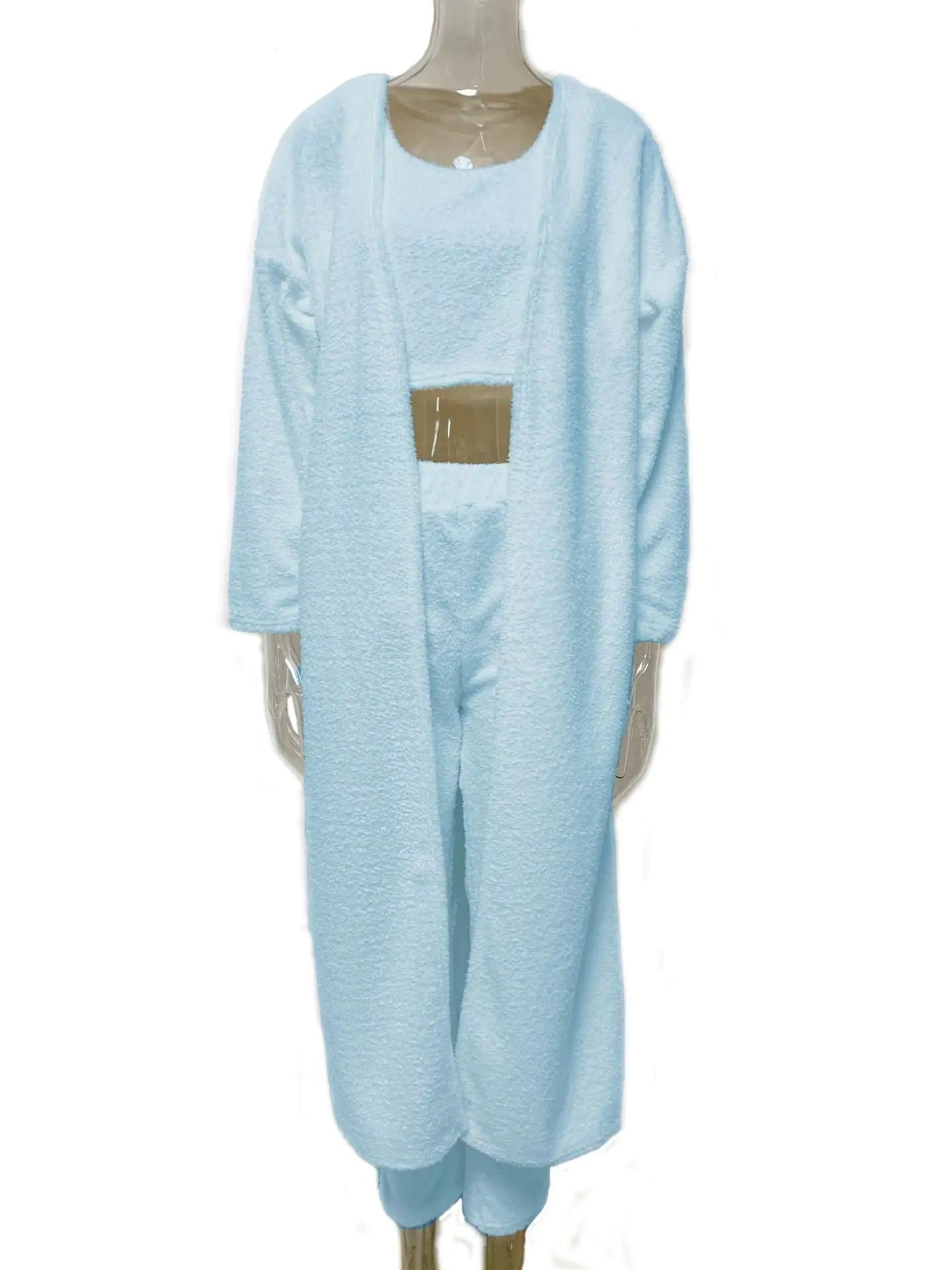 3 - Piece Women's Fluffy Crop Top, Skinny Pants & Coat Set - Musttbuy