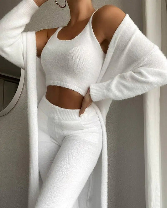3 - Piece Women's Fluffy Crop Top, Skinny Pants & Coat Set - Musttbuy