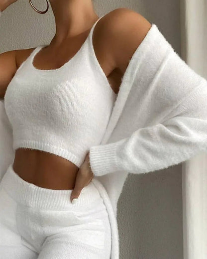 3 - Piece Women's Fluffy Crop Top, Skinny Pants & Coat Set - Musttbuy
