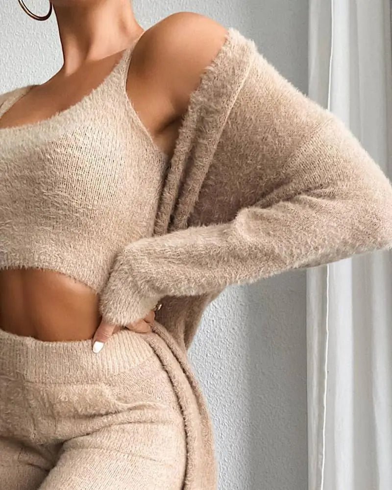 3 - Piece Women's Fluffy Crop Top, Skinny Pants & Coat Set - Musttbuy