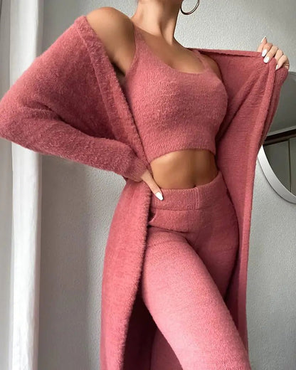 3 - Piece Women's Fluffy Crop Top, Skinny Pants & Coat Set - Musttbuy