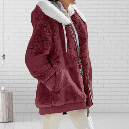 Plush Zipper Coat for Women - Plus Size, Warm and Furry with Long Sleeves