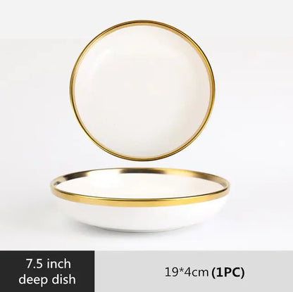 High-quality Matte Gilt Rim White Porcelain Dinner Tray Kitchen Plates Ceramic Tableware