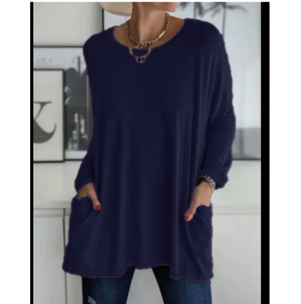 European & American Loose Fit Long Sleeve Round Neck Top with Pockets