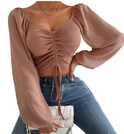 V-Neck Drawstring Crop Top with Balloon Sleeves – Stylish Streetwear