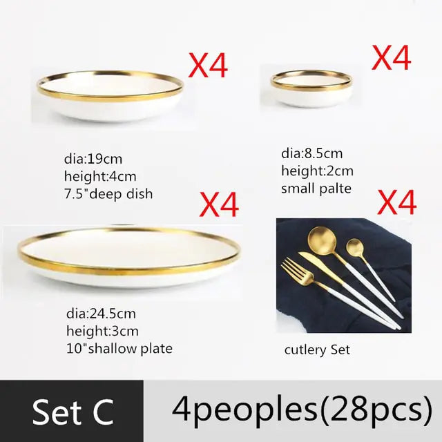 High-quality Matte Gilt Rim White Porcelain Dinner Tray Kitchen Plates Ceramic Tableware