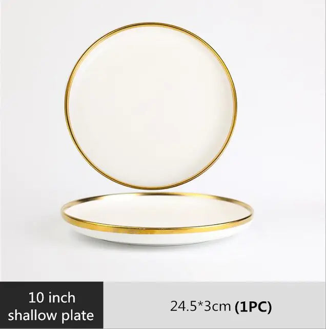 High-quality Matte Gilt Rim White Porcelain Dinner Tray Kitchen Plates Ceramic Tableware