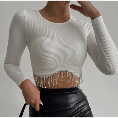 Elegant Rhinestone Tassel Cropped Top