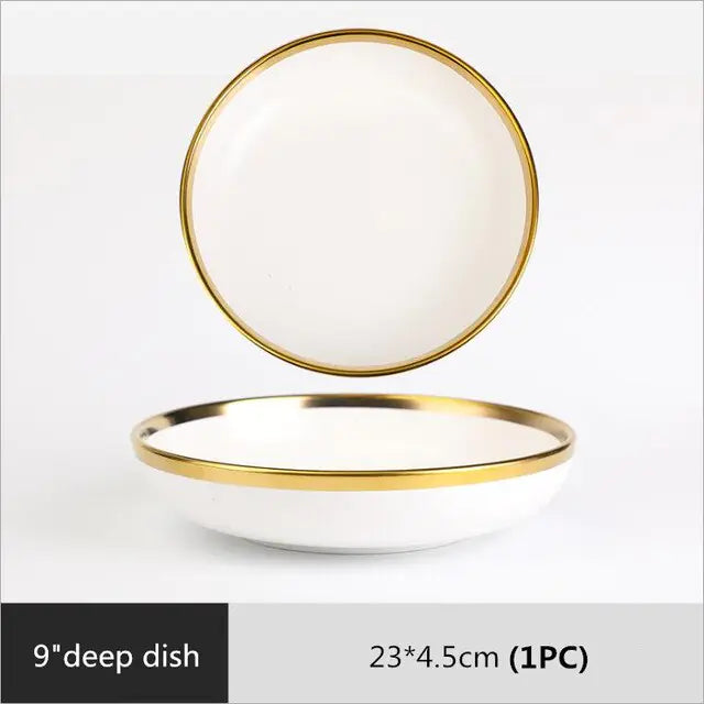 High-quality Matte Gilt Rim White Porcelain Dinner Tray Kitchen Plates Ceramic Tableware