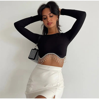 Elegant Rhinestone Tassel Cropped Top