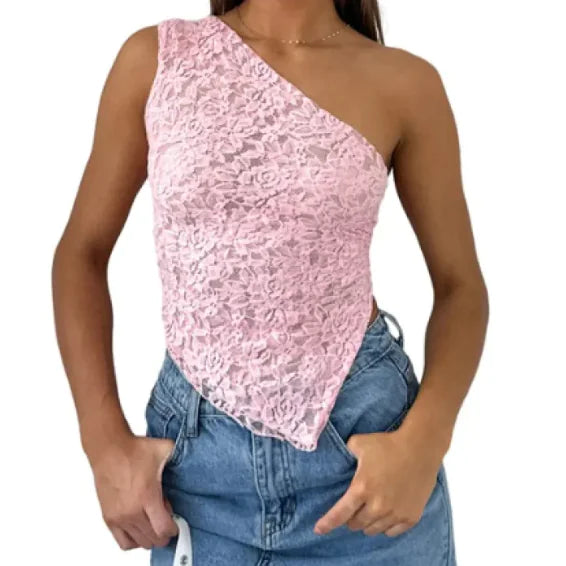 Fairy Lace Cami Top – One-Shoulder Mesh Crop