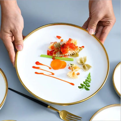 High-quality Matte Gilt Rim White Porcelain Dinner Tray Kitchen Plates Ceramic Tableware