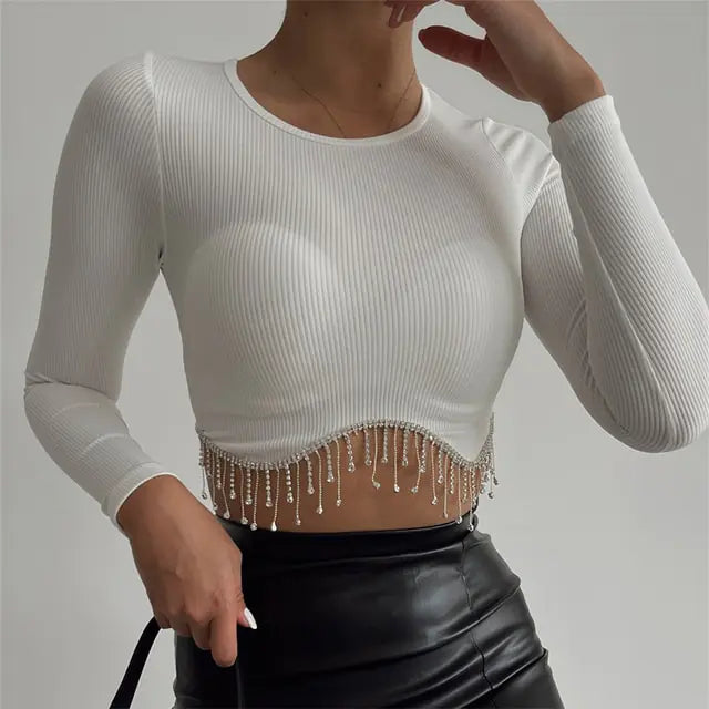 Elegant Rhinestone Tassel Cropped Top