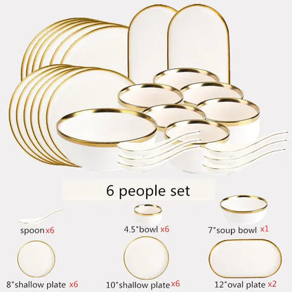 High-quality Matte Gilt Rim White Porcelain Dinner Tray Kitchen Plates Ceramic Tableware