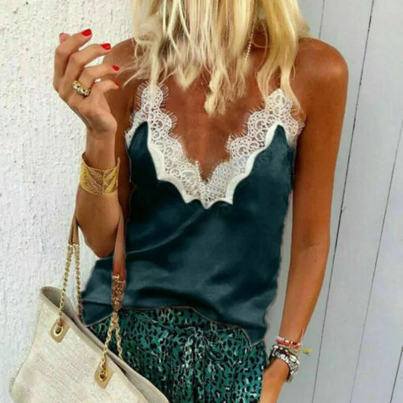 Lace Satin Silk Sequin Tank Top