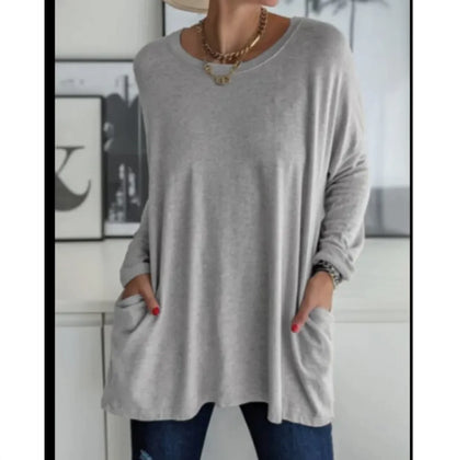 European & American Loose Fit Long Sleeve Round Neck Top with Pockets