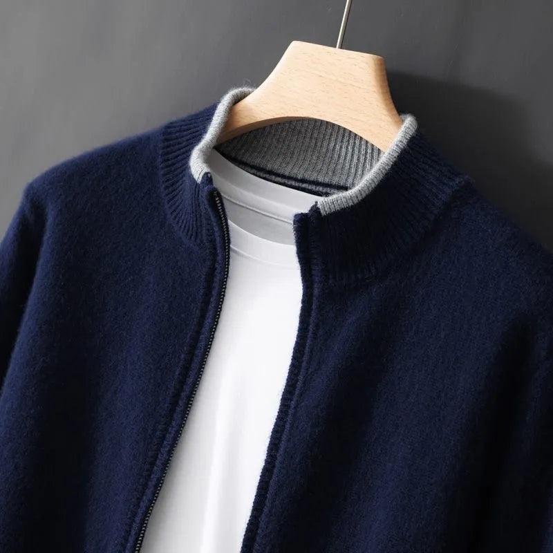 Men's Zipper Stand Collar Color-Block Cardigan