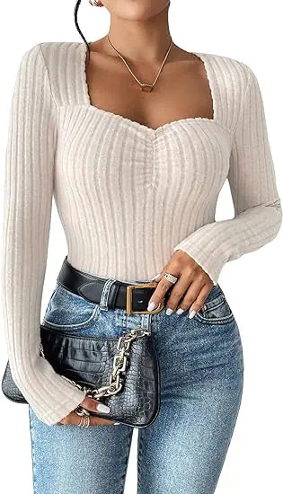 Solid Square Neck Ruched Beige Top