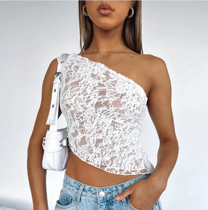 Fairy Lace Cami Top – One-Shoulder Mesh Crop