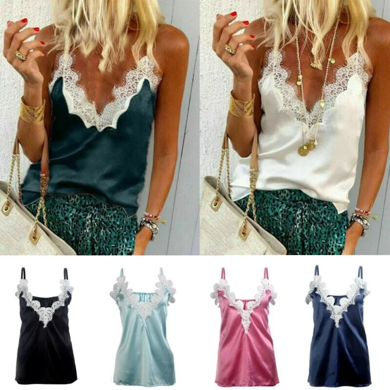 Lace Satin Silk Sequin Tank Top